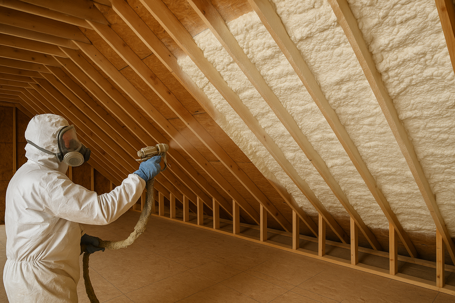 Contractor spray foam insulating an attic roof deck